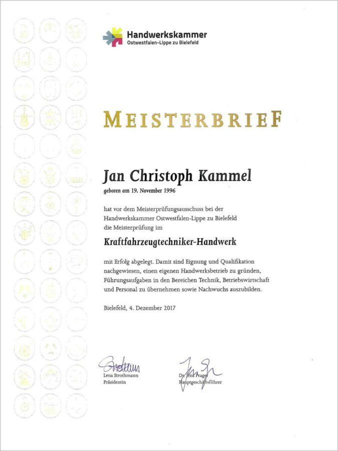Meisterbrief Jan Kammel